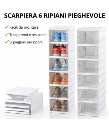 Scarpiera Salvaspazio Con 6 Ripiani Pieghevole Componibile Scatola Scarpe Abs